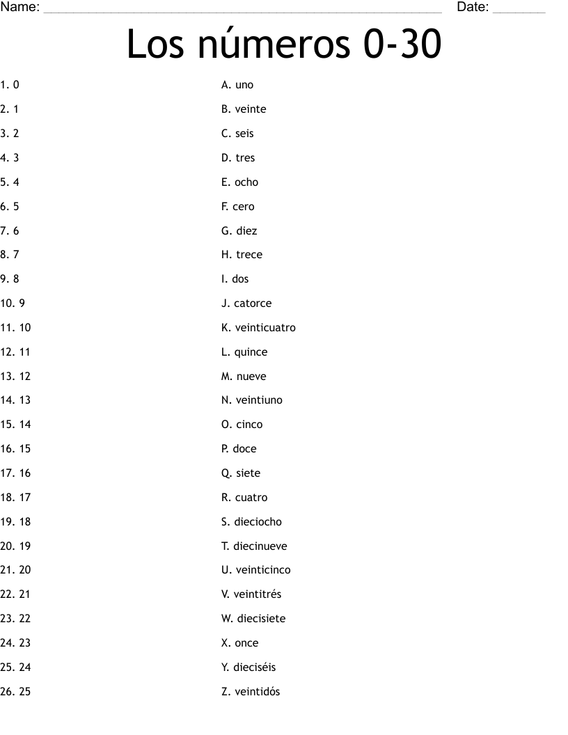 Los números 0-30 Worksheet