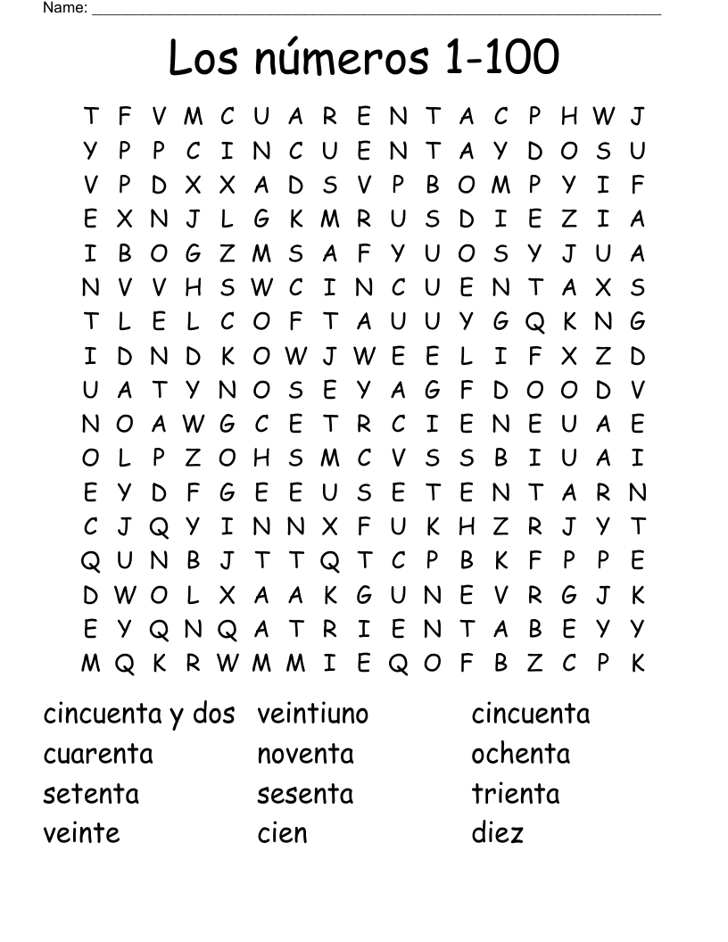 Los números 1-100 Word Search