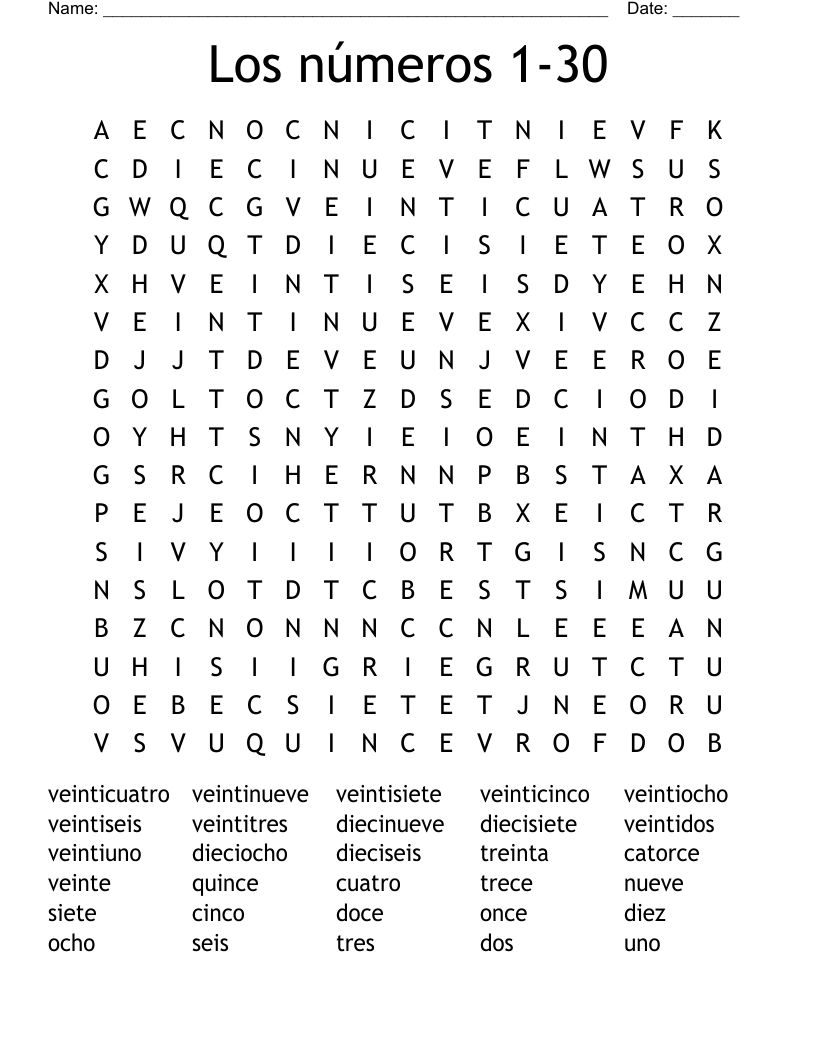 Los números 1-30 Word Search