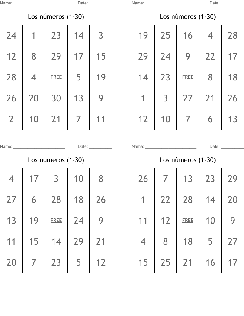 Los números (1-30) Bingo Cards