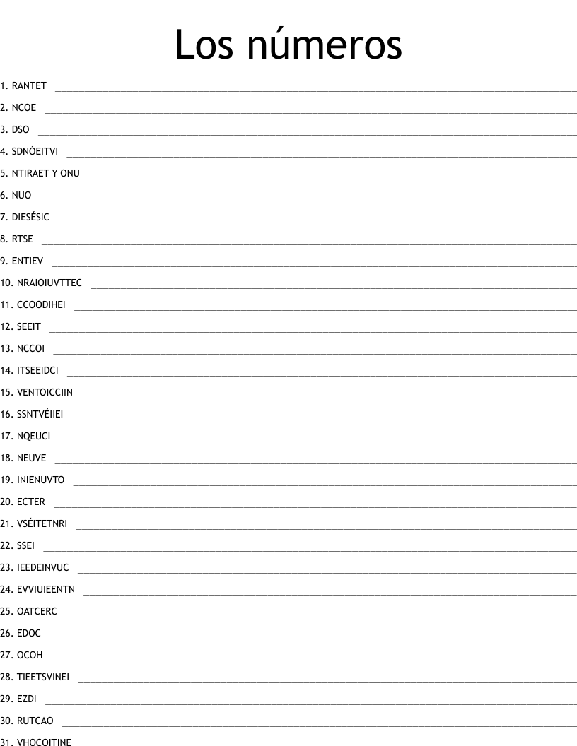 Los números Word Scramble