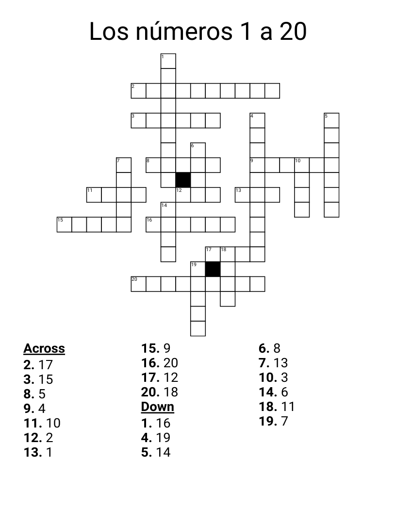 Los números 1 a 20 Crossword