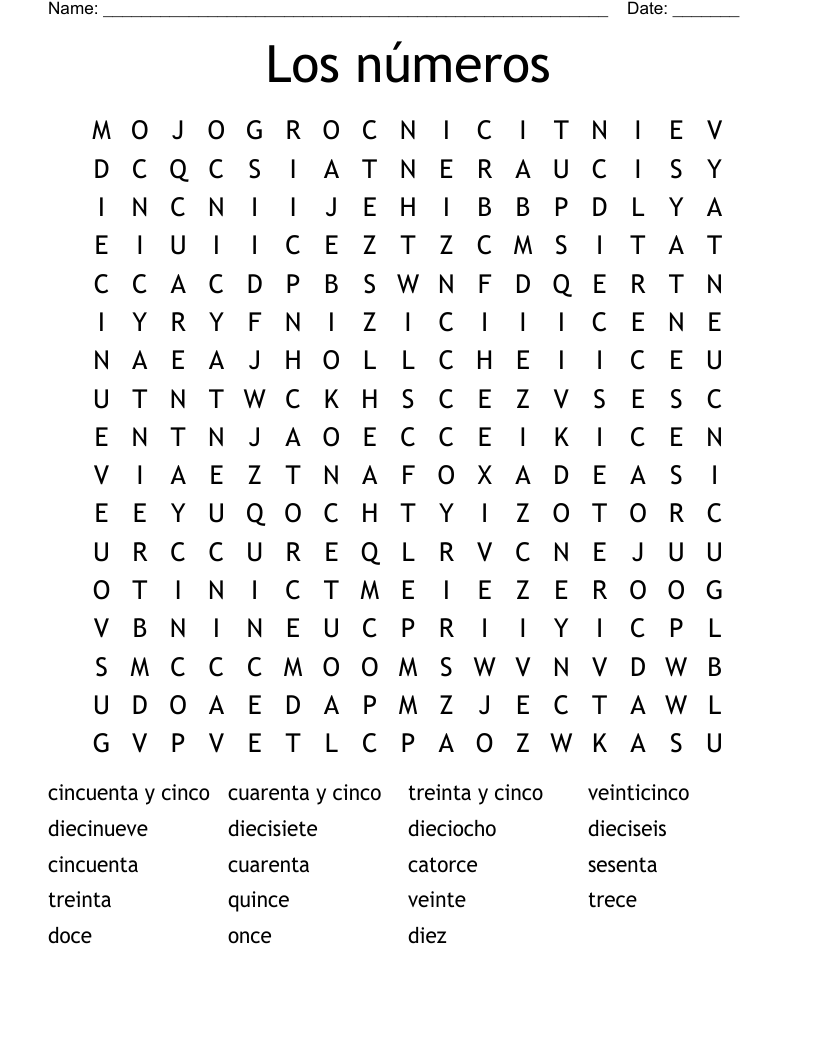 Los números Word Search