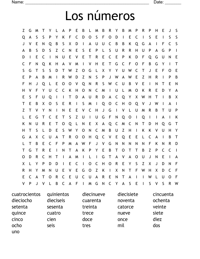 Los números Word Search