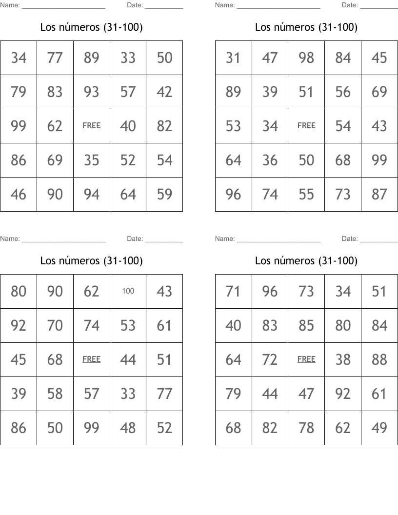 Los números (31-100) Bingo Cards
