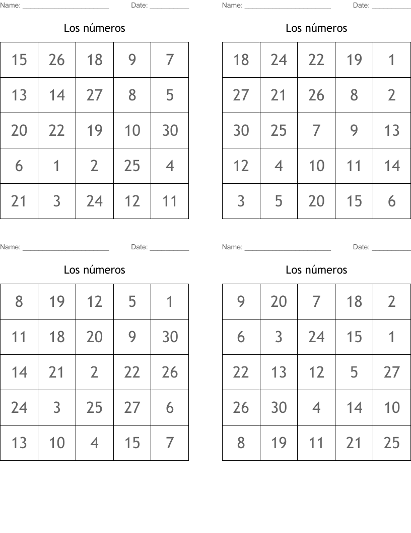 Los números Bingo Cards