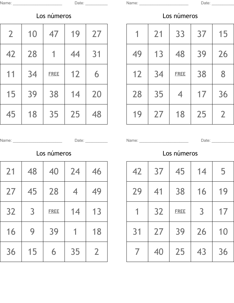 Los números Bingo Cards