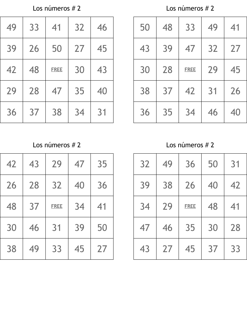 Los números # 2 Bingo Cards