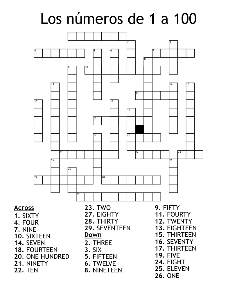 Los números de 1 a 100 Crossword