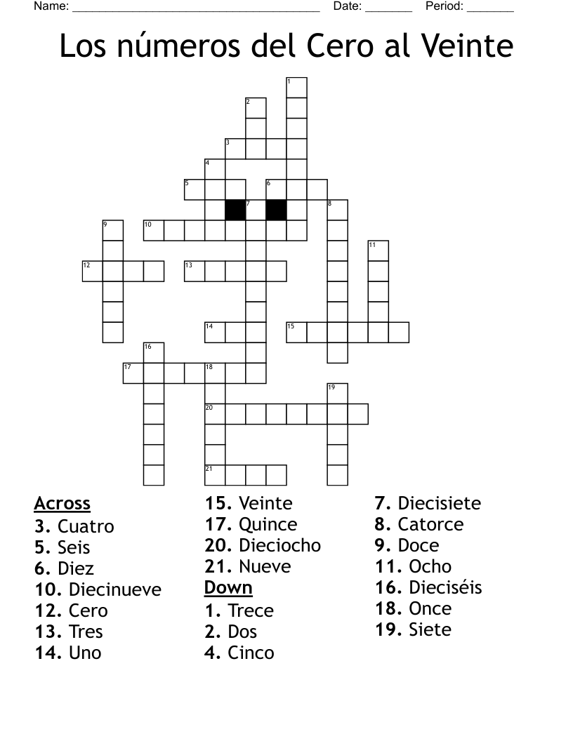 Los números del Cero al Veinte Crossword