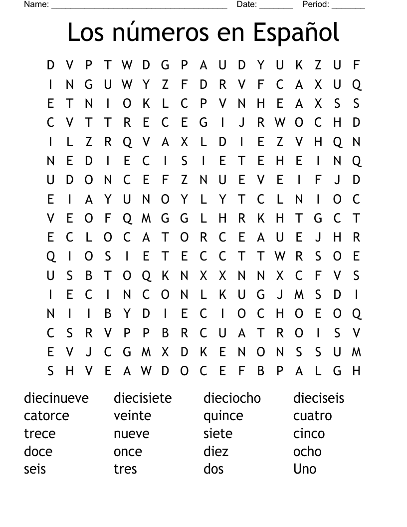 Los números en Español del cero al cien Word Search