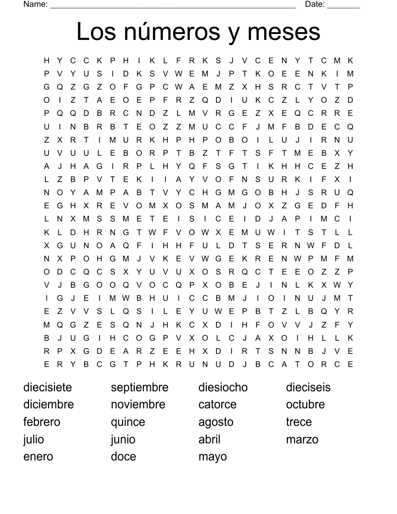 Los números y meses Word Search