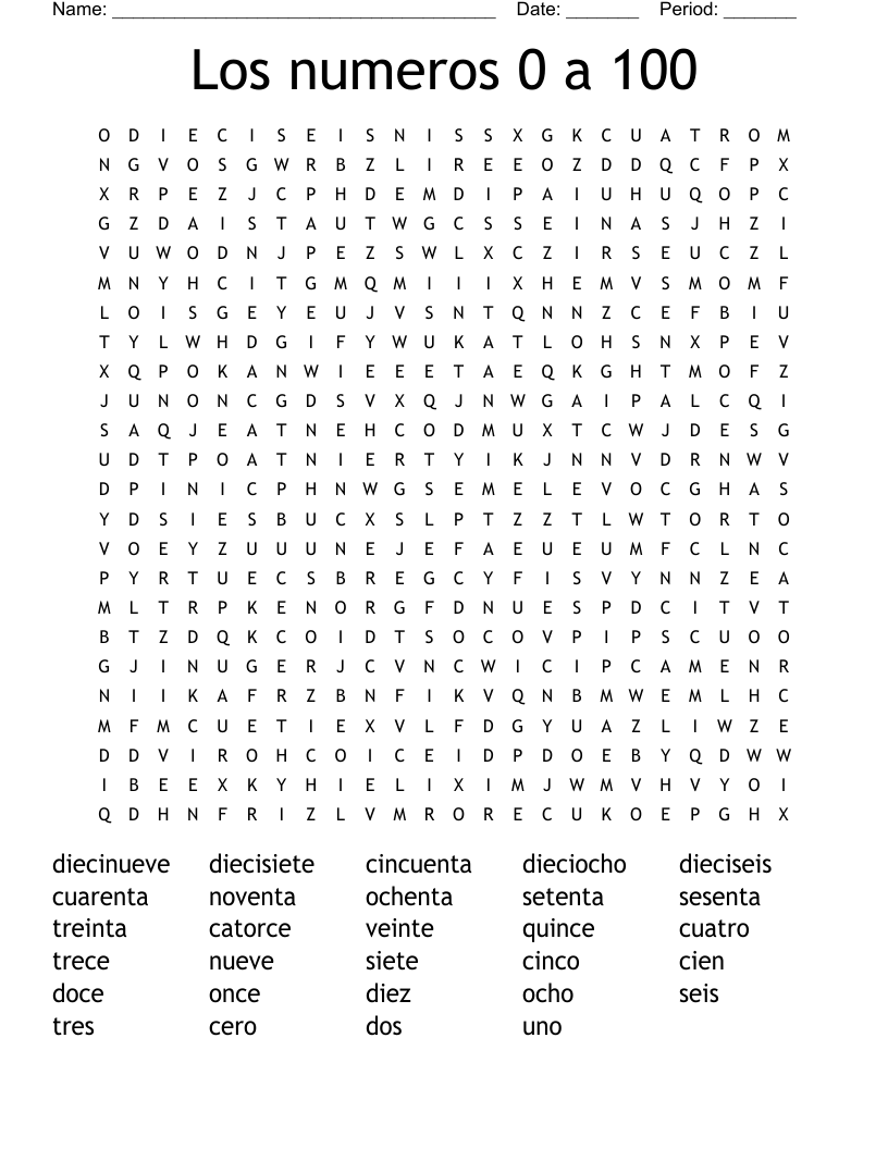 Los numeros 0 a 100 Word Search