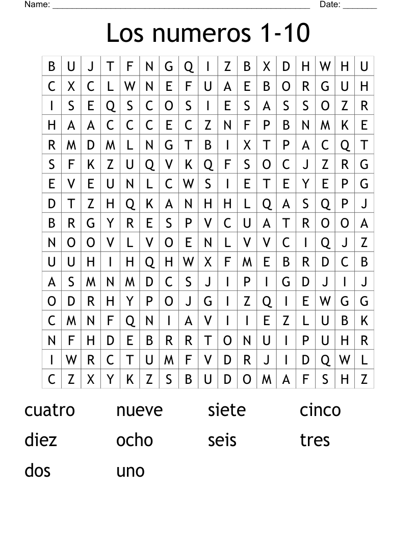 Los numeros 1-10 Word Search