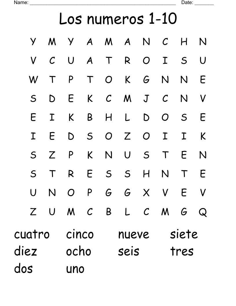 Los numeros 1-10 Word Search