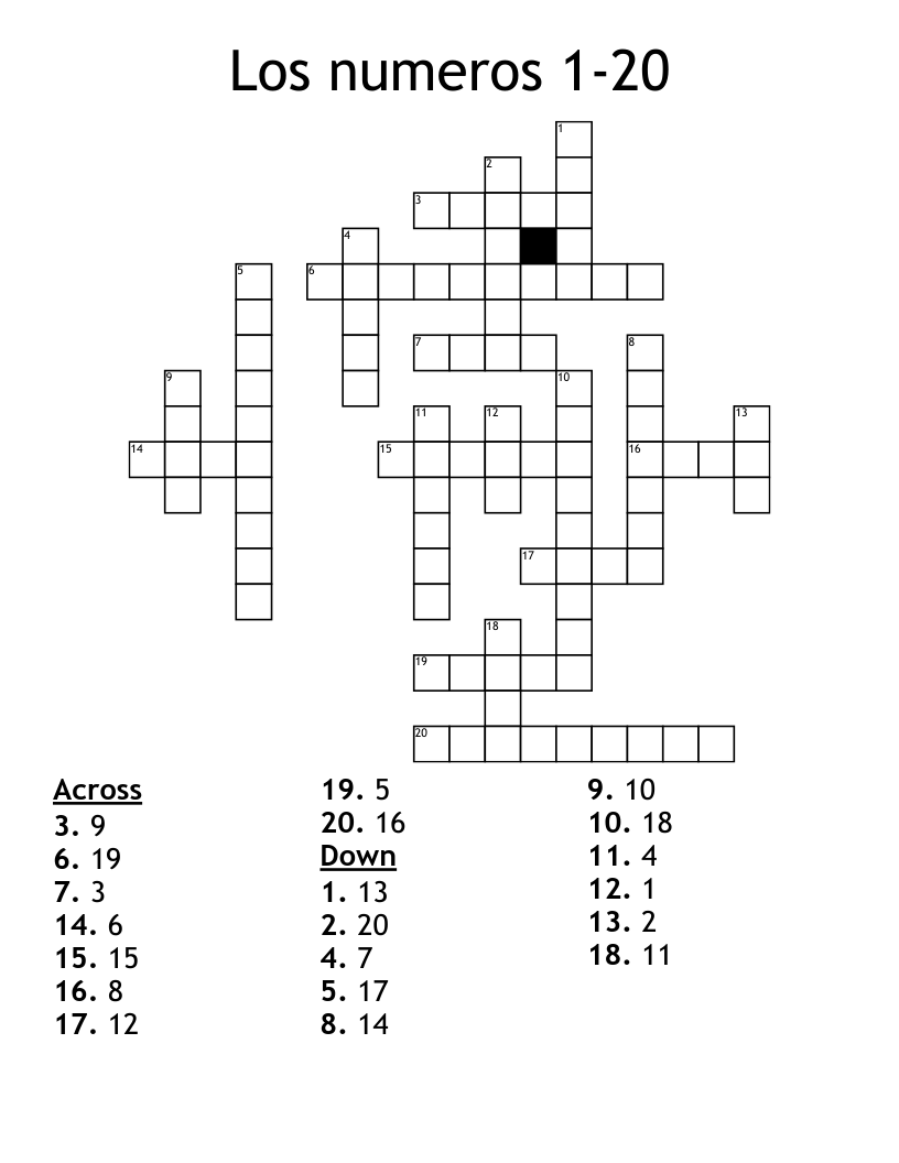 Los numeros 1-20 Crossword