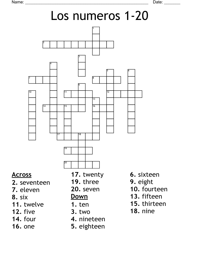 Los numeros 1-20 Crossword