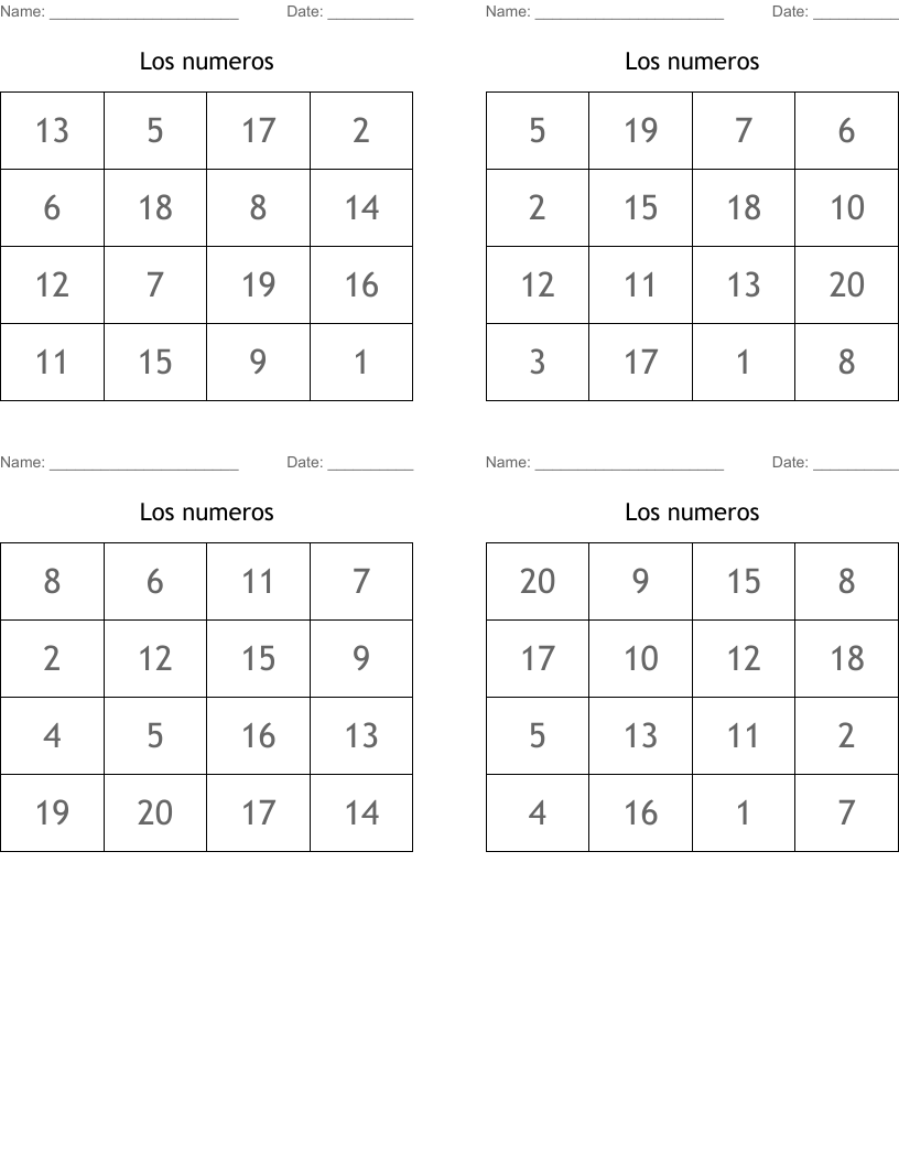 Los numeros Bingo Cards