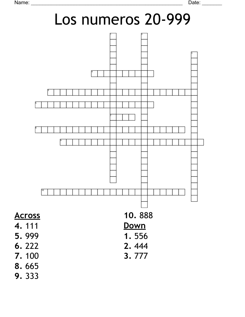 Los numeros 20-999 Crossword
