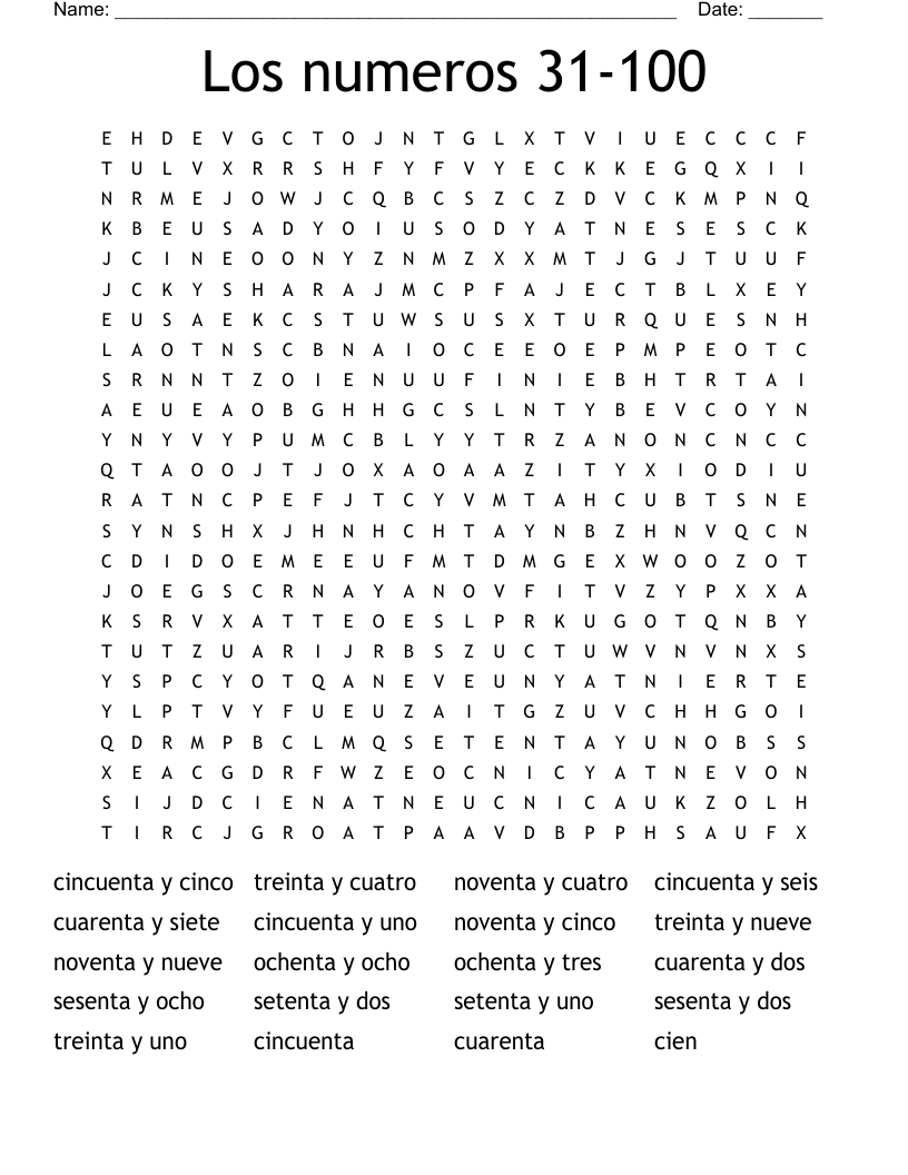 Los numeros 31-100 Word Search