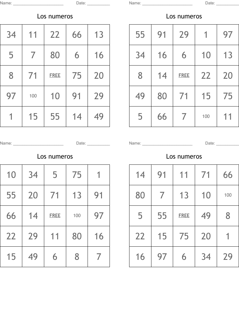 Los numeros Bingo Cards