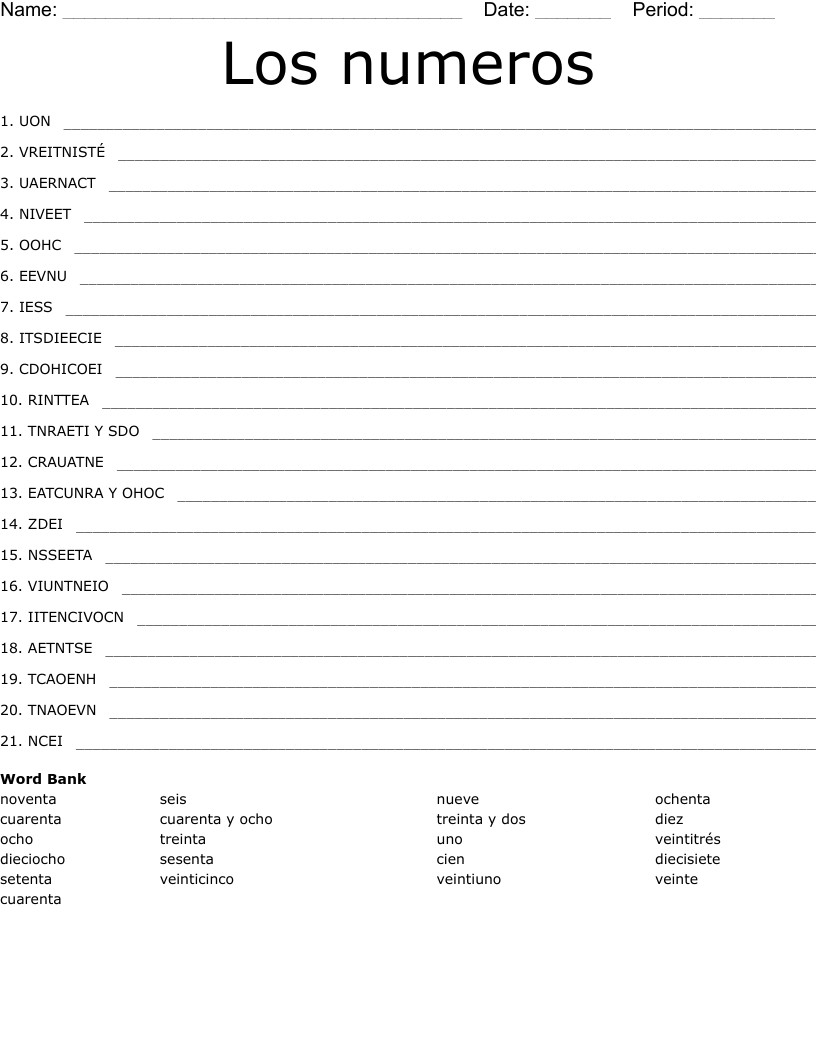 Los numeros Word Scramble