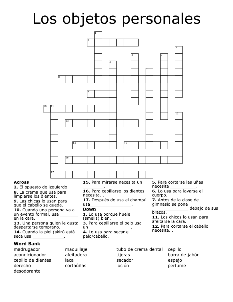Los objetos personales Crossword