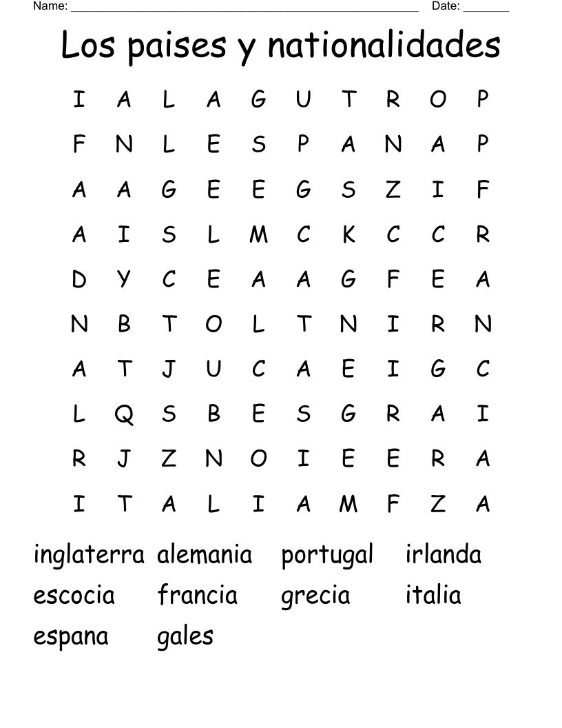 Los paises y nationalidades Word Search