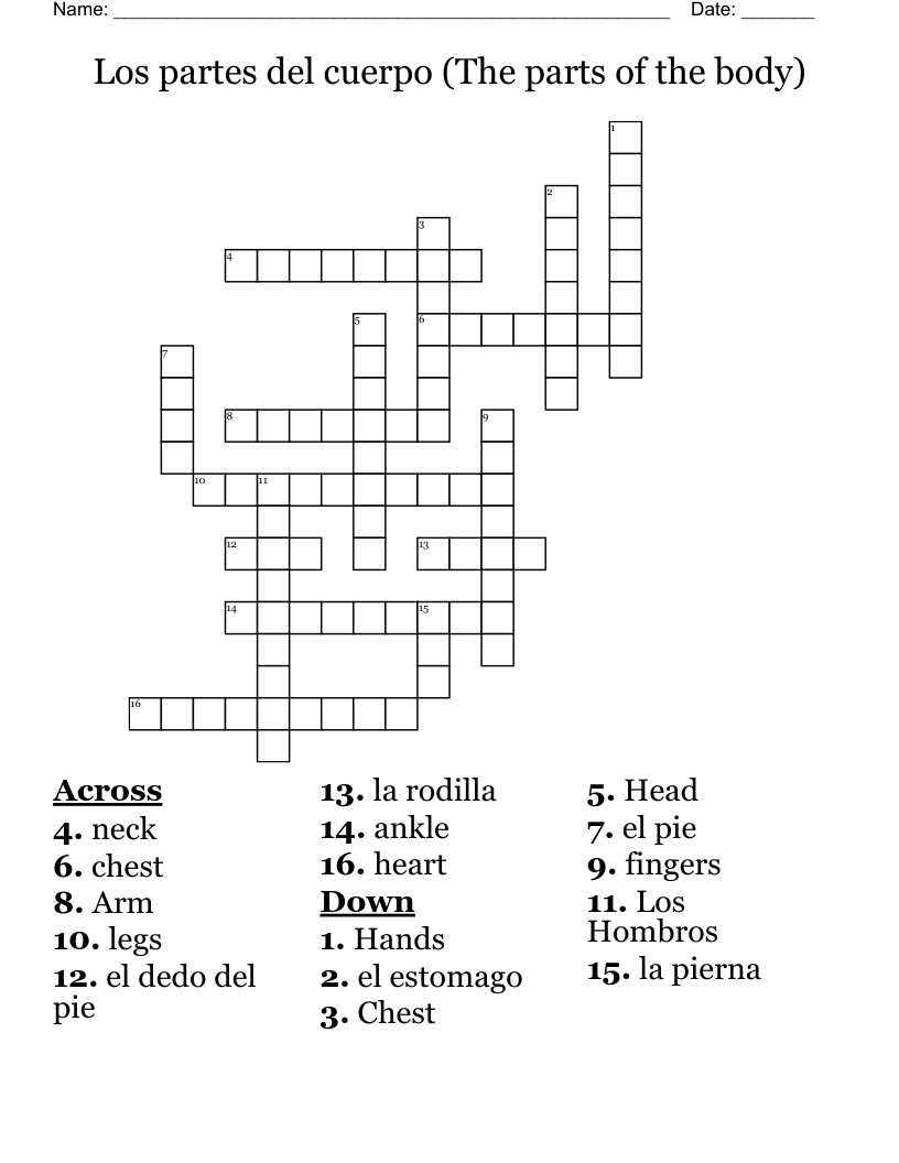 Los partes del cuerpo (The parts of the body) Crossword