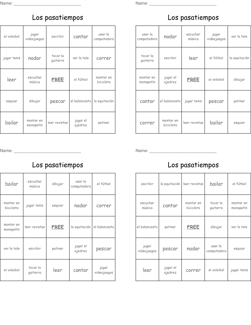 Los pasatiempos Bingo Cards