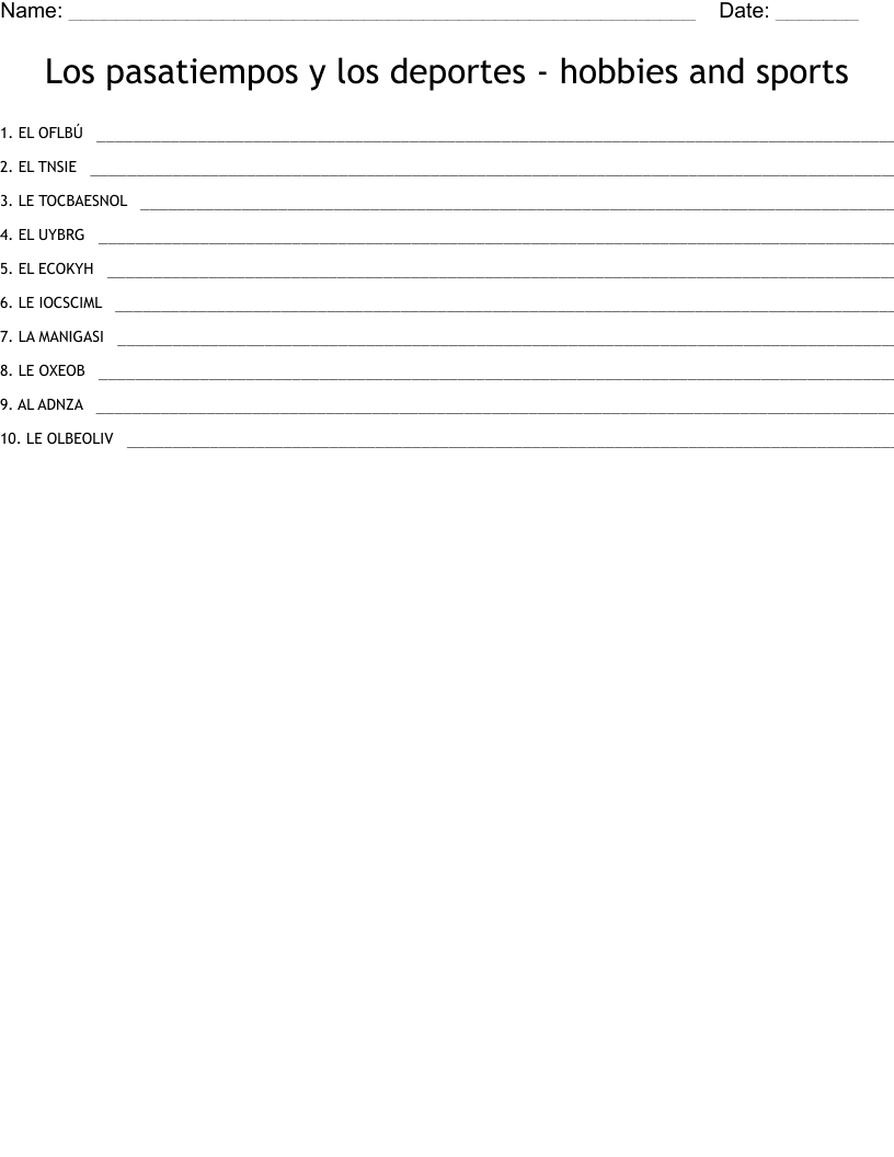 Los pasatiempos y los deportes - hobbies and sports Word Scramble