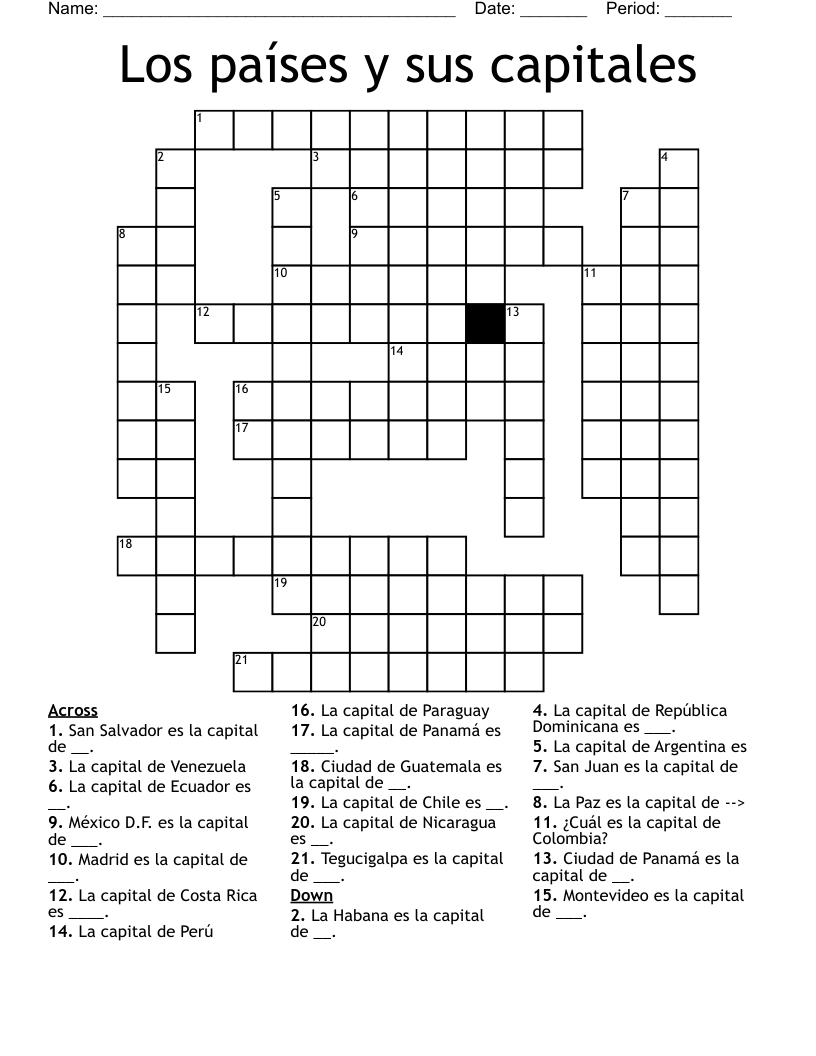 Los países y sus capitales Crossword