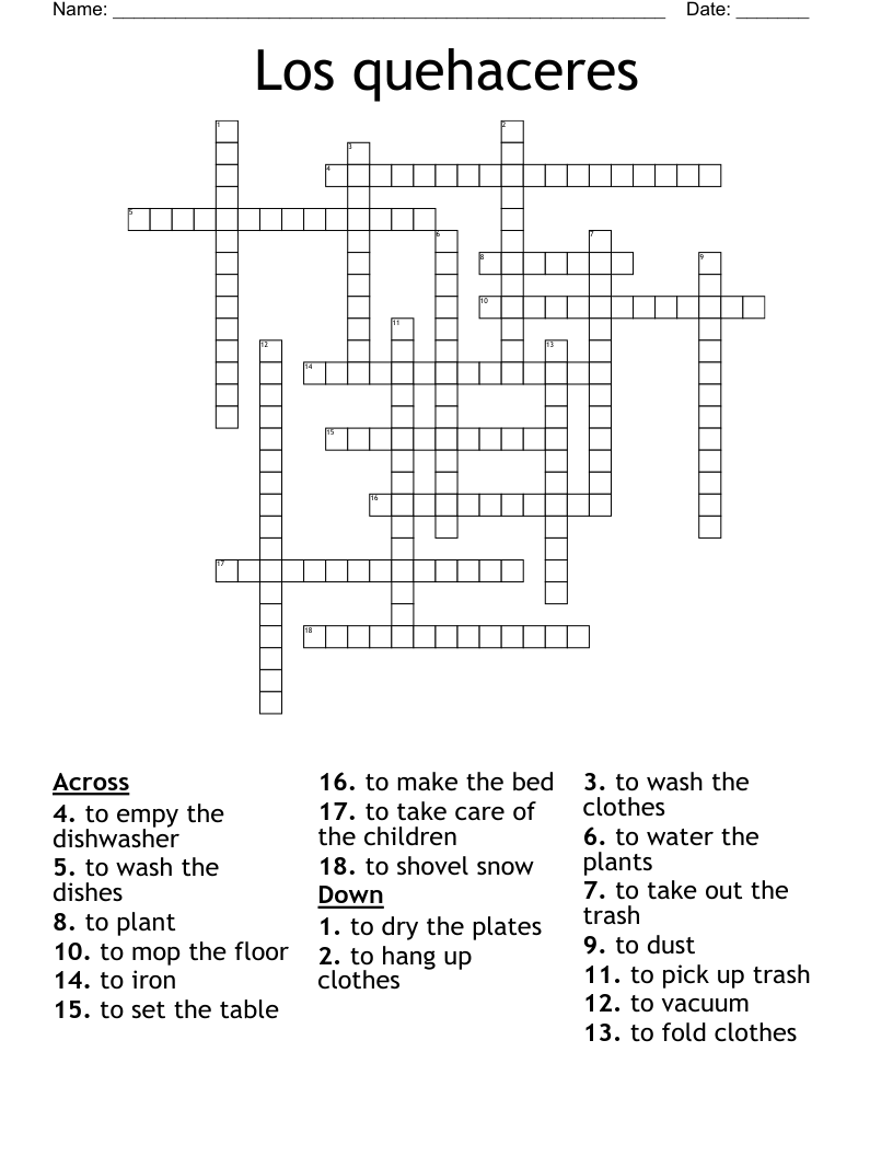 Los quehaceres Crossword