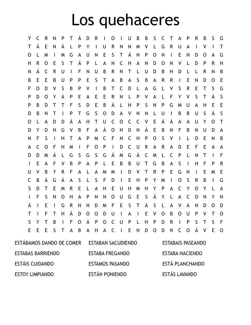 Los quehaceres Word Search