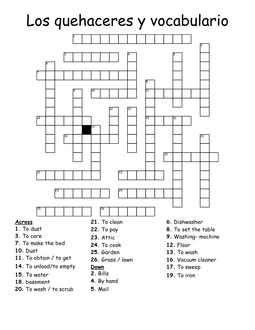 Los quehaceres y vocabulario Crossword
