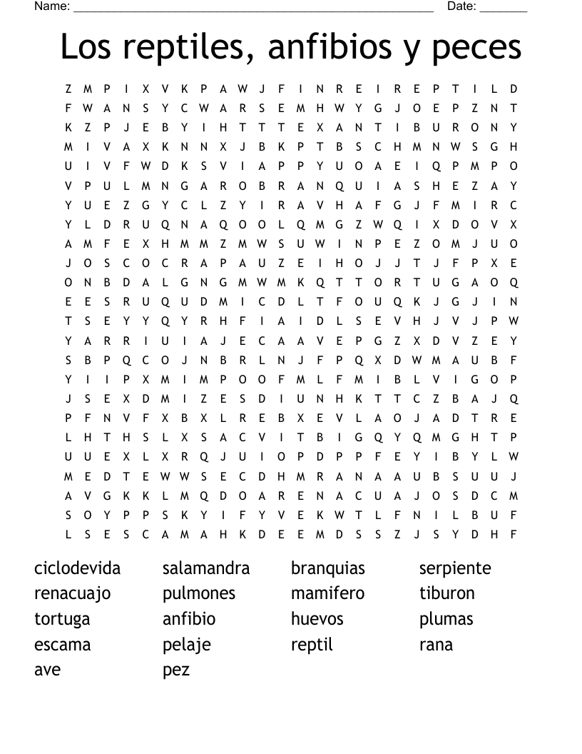 Los reptiles, anfibios y peces Word Search