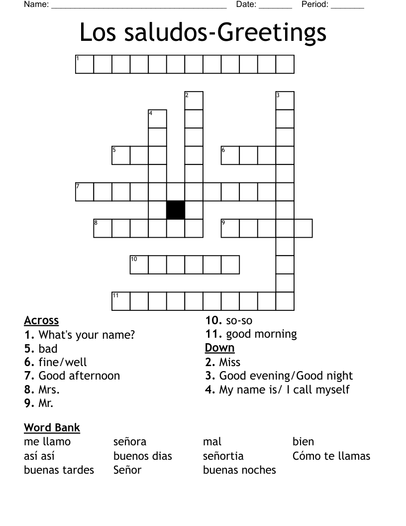 Los saludos-Greetings Crossword