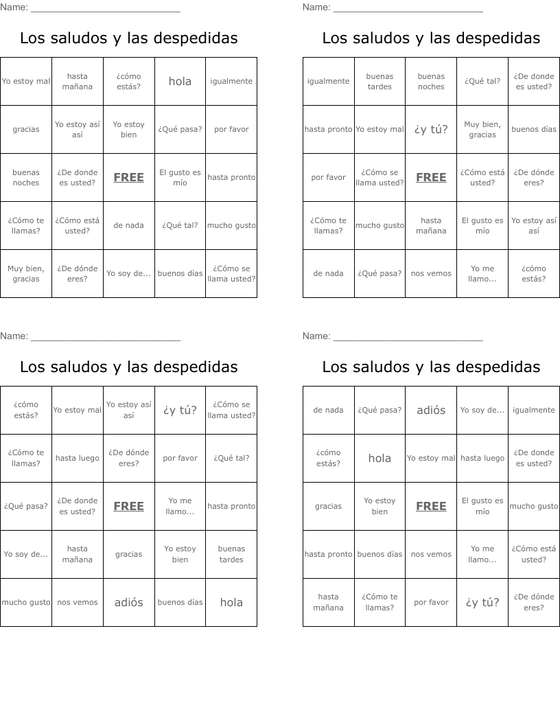 Los saludos y las despedidas Bingo Cards