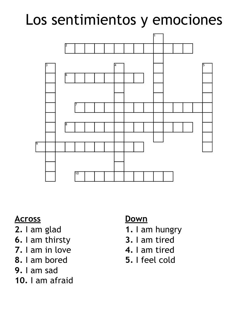 Los sentimientos y emociones Crossword