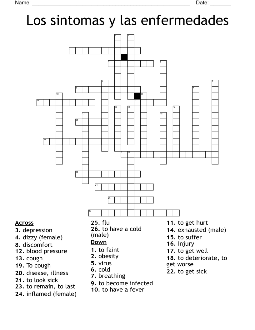 Los sintomas y las enfermedades Crossword