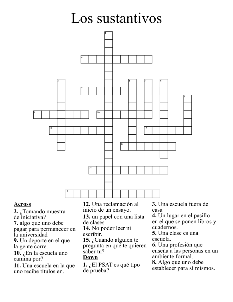Los sustantivos  Crossword