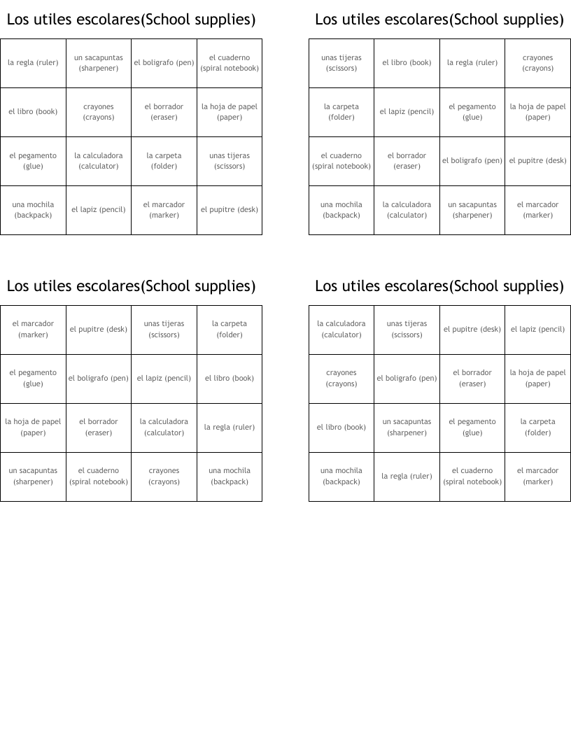 Los utiles escolares(School supplies) Bingo Cards