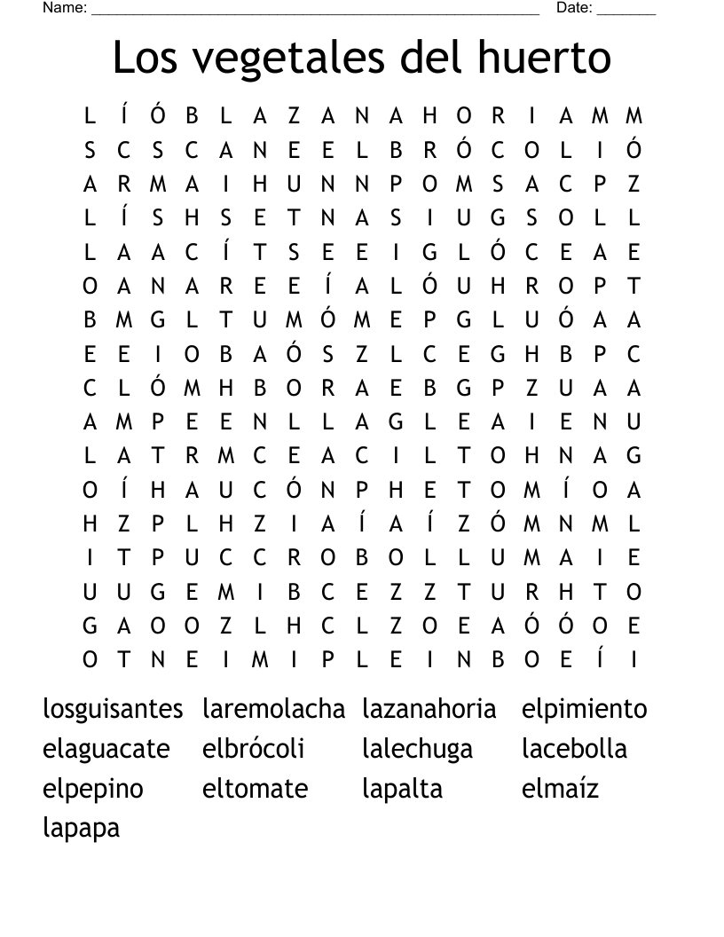 Los vegetales del huerto Word Search