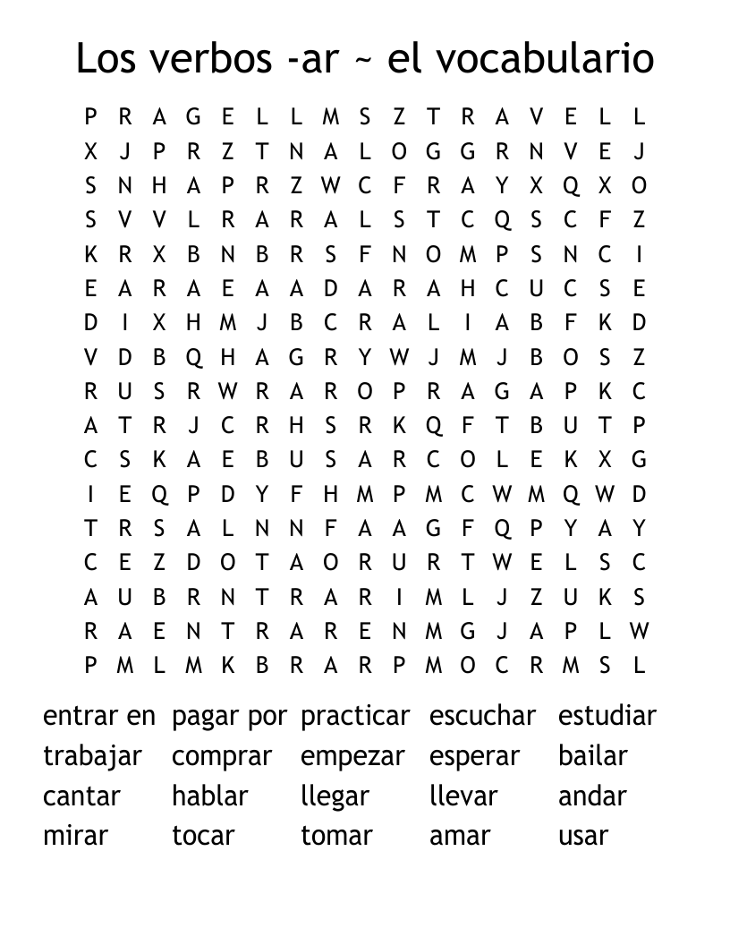 Los verbos -ar ~ el vocabulario Word Search