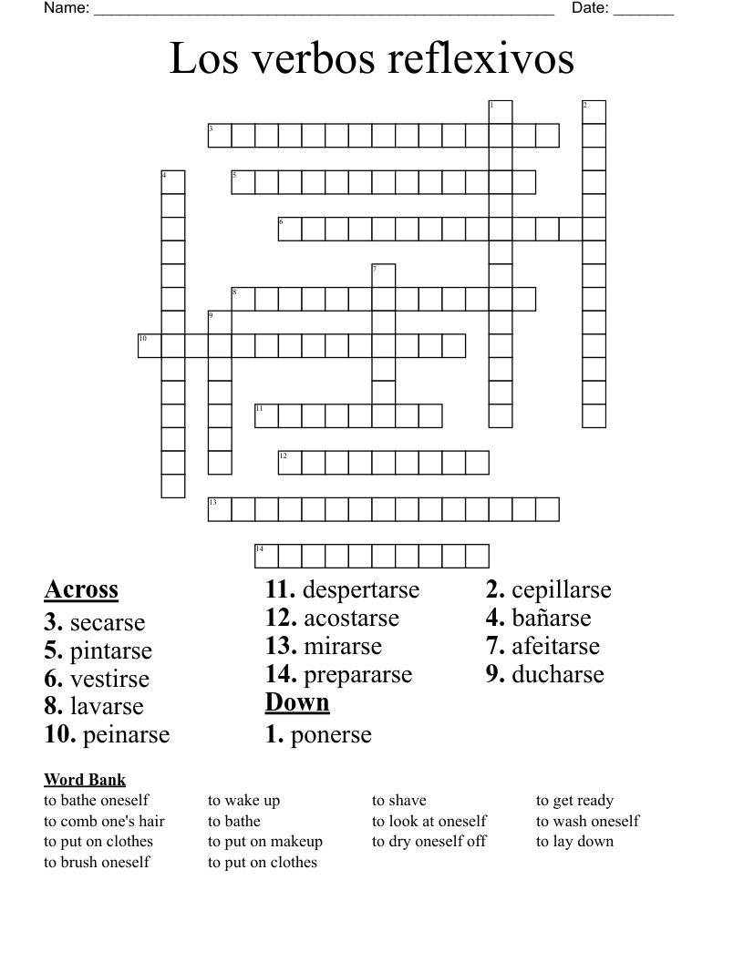 Los verbos reflexivos Crossword
