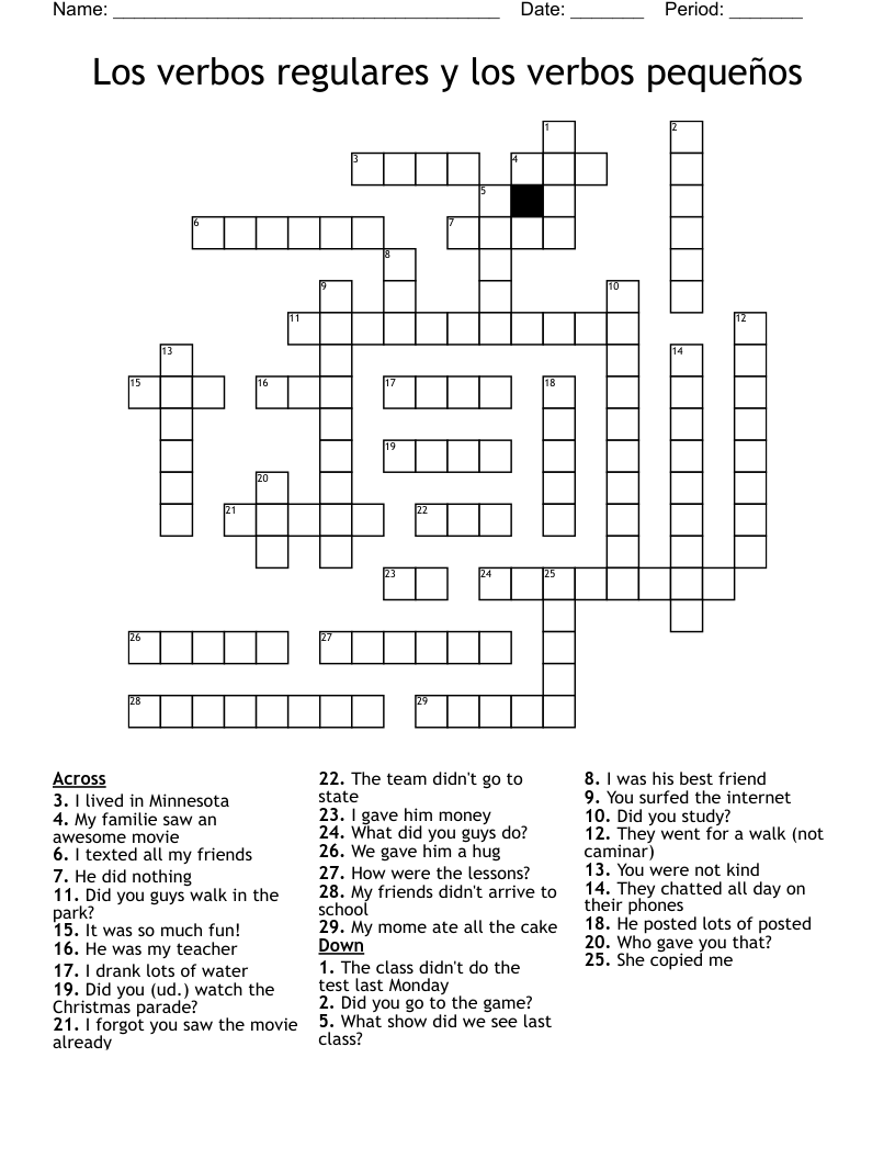 Los verbos regulares y los verbos pequeños Crossword
