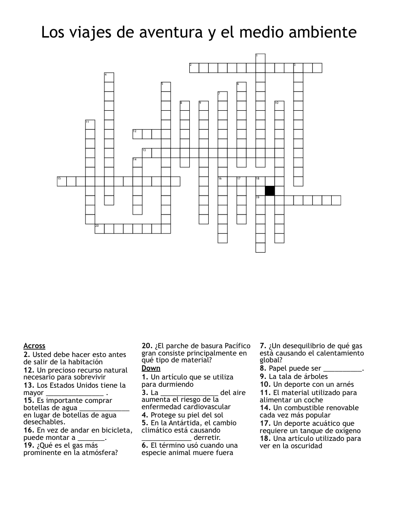 Los viajes de aventura y el medio ambiente Crossword