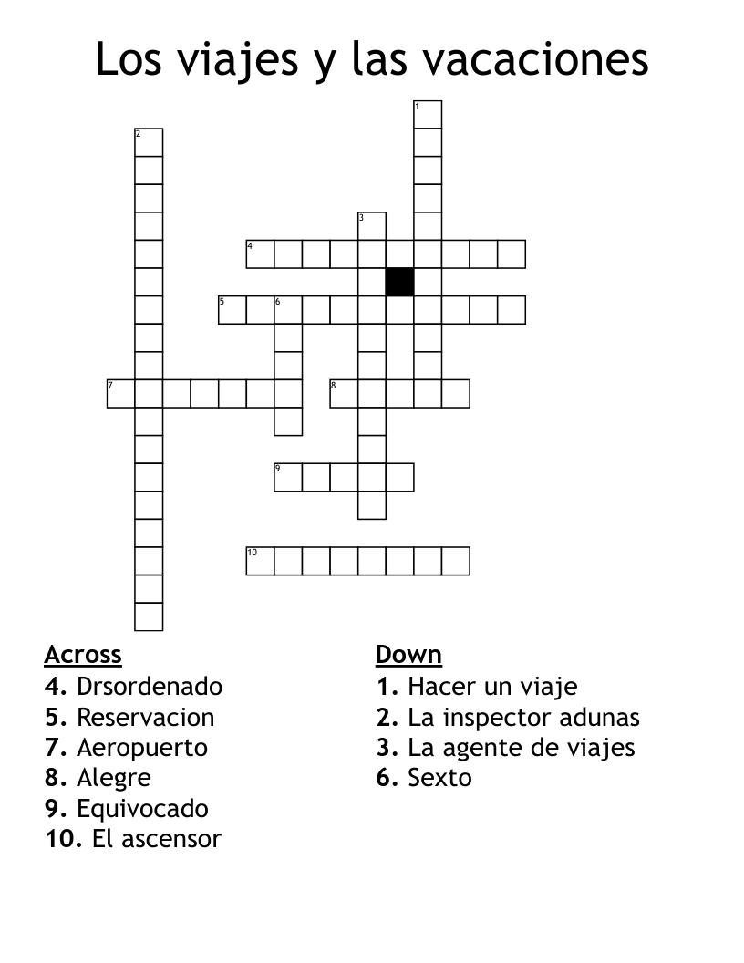 Los viajes y las vacaciones Crossword