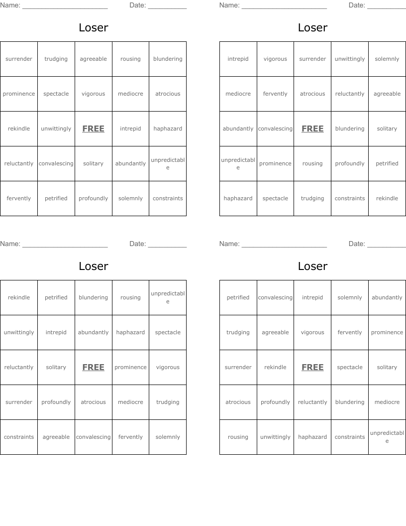 Loser Bingo Cards