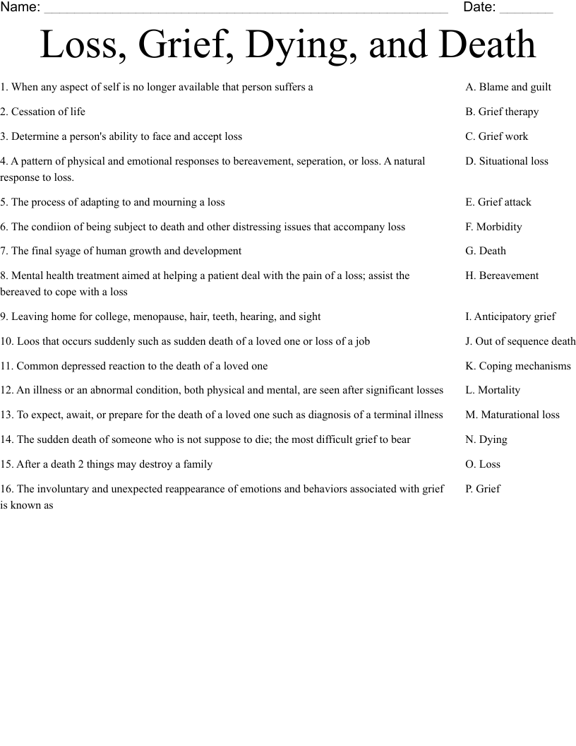 Loss, Grief, Dying, and Death Worksheet